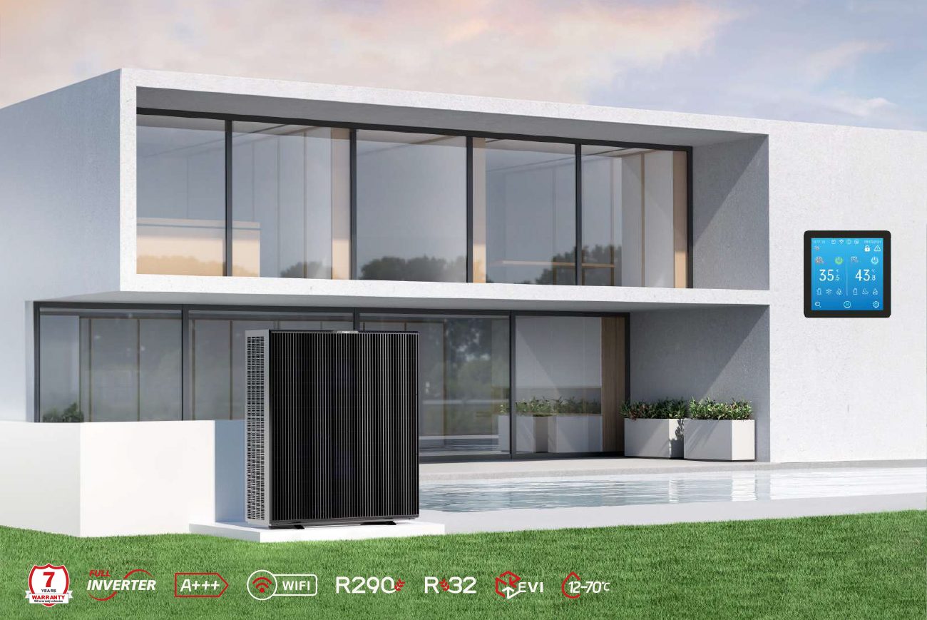ZEALUX INVERBOOST PLUS vor moderner Villa, Bildleiste mit Feature-Icons von ZEALUX.